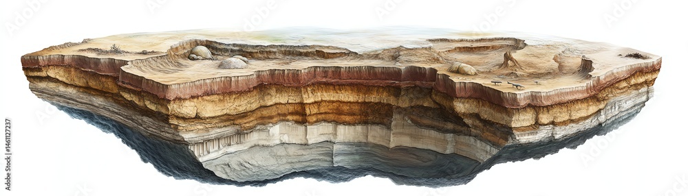 Layered geological rock formation with distinct hues against a white background.