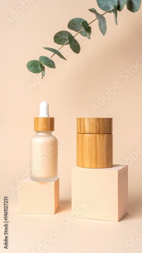 A glass bottle of creamy lotion sits elegantly beside two rustic wooden containers filled with fresh eucalyptus leaves, exuding a calming, natural vibe.