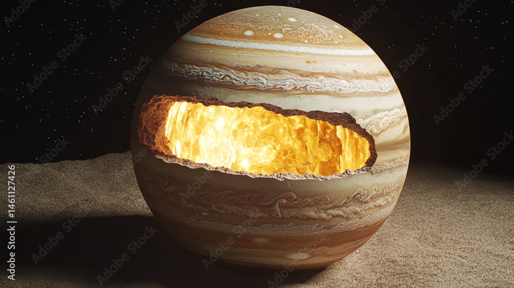 A detailed representation of Jupiter showcasing its core, glowing in the dark.