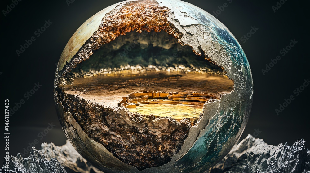 A cutaway globe revealing inner layers, showcasing geological structures.