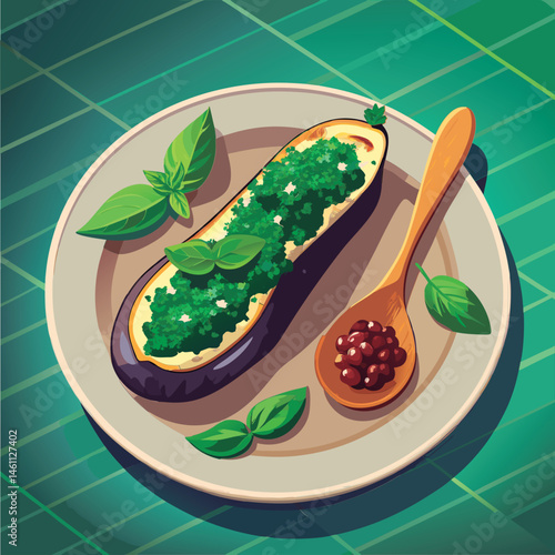 Roasted eggplant with pesto and garnish.