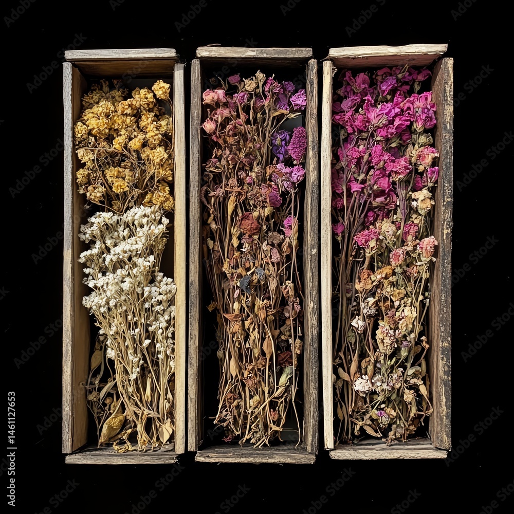 Dried flowers in wooden boxes against a black background.