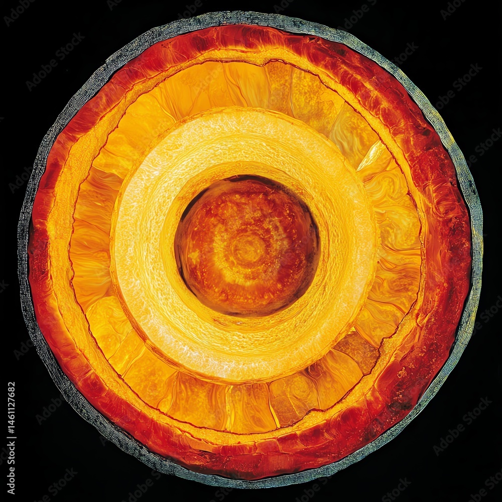 Vibrant cross-section of an orange with intricate color patterns.