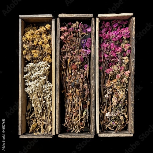 Obraz na płótnie Dried flowers in wooden boxes against a black background. w salonie