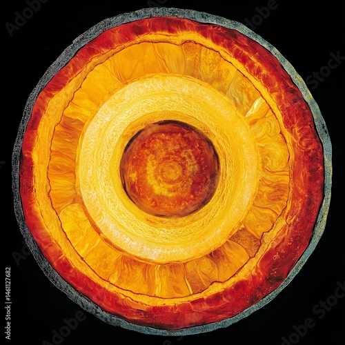 Obraz na płótnie Vibrant cross-section of an orange with intricate color patterns. w salonie