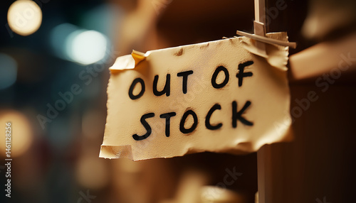 A handmade “Out of Stock” sign taped to a shelf.  Generative AI.