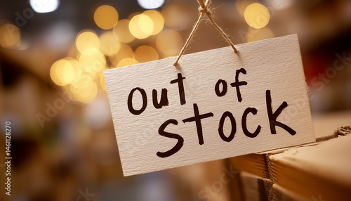 A handmade “Out of Stock” sign taped to a shelf.  Generative AI.