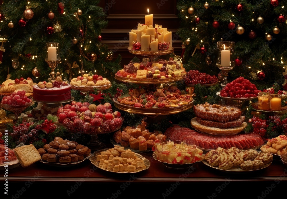 A Festive Christmas Table Abundantly Filled with Sweets, Cakes, Fruits and Cheese, Decorated with Candles and Christmas Trees A Festive Christmas Table Abundantly Filled with Sweets, Cakes, Fruits and Cheese, Decorated with Candles and Christmas Trees