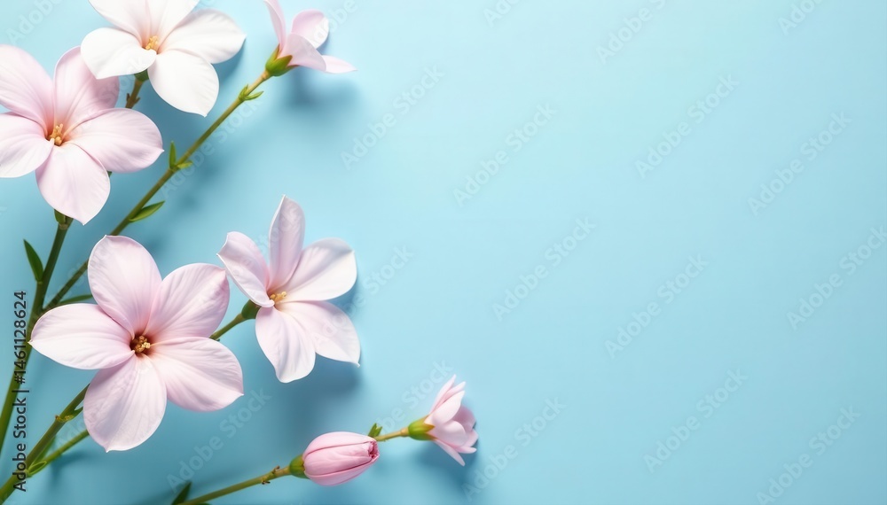 Fototapeta premium Pastel blue banner with delicate gypsophila flowers, ample copy space , backdrop, calm, delicate