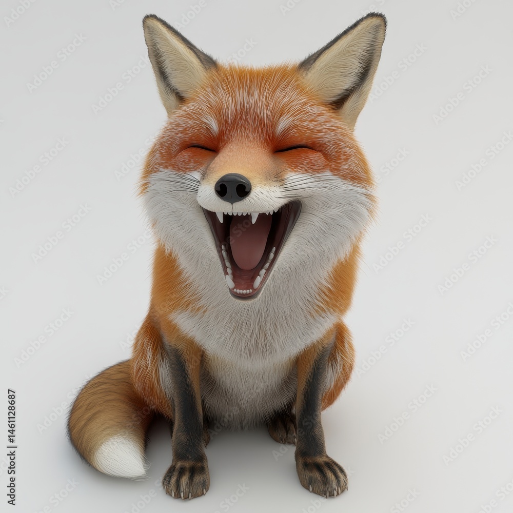 Fototapeta premium Happy Red Fox 3D Render, Fluffy Fur, Cartoonish Style, White Background