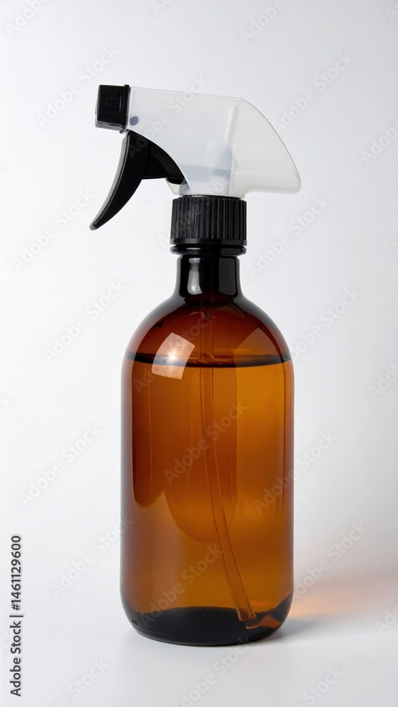 A sleek brown glass spray bottle featuring a crisp white trigger, perfect for dispensing liquids like cleaning solutions or essential oils. A sleek brown glass spray bottle featuring a crisp white trigger, perfect for dispensing liquids like cleaning solutions or essential oils.