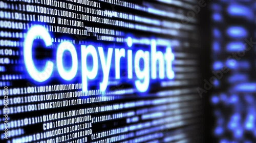 Word copyright glowing on digital screen with code lines, representing online intellectual property, copyright protection, ip rights in digital technology