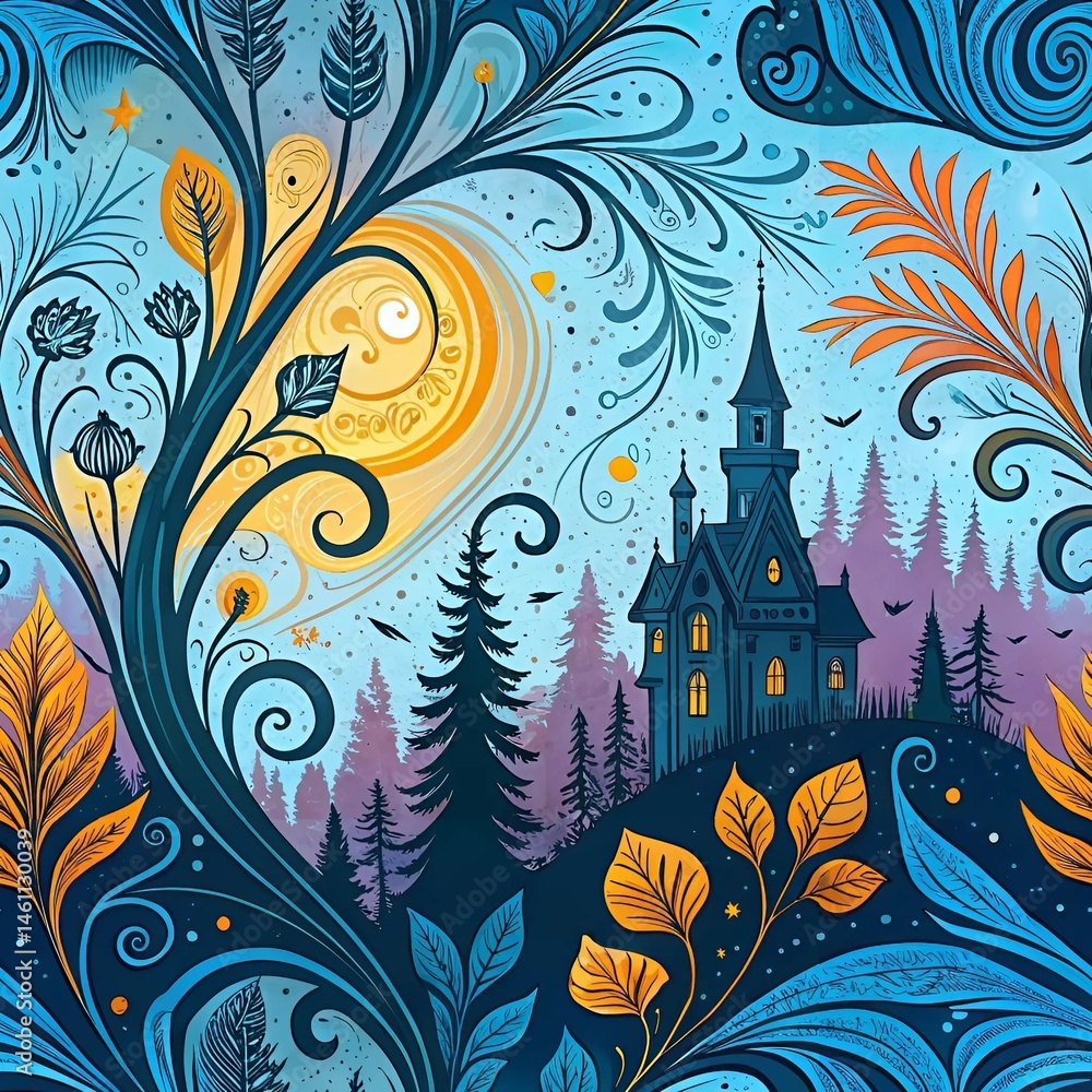 Seamless abstract floral vector illustration with grunge leaves and floral design elements with a castle in the background, enchanting like a fairy tale. Seamless abstract floral vector illustration with grunge leaves and floral design elements with a castle in the background, enchanting like a fairy tale.