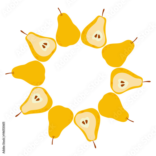 Round frame made of pears in Hand drawn style on a white background. Summer illustration