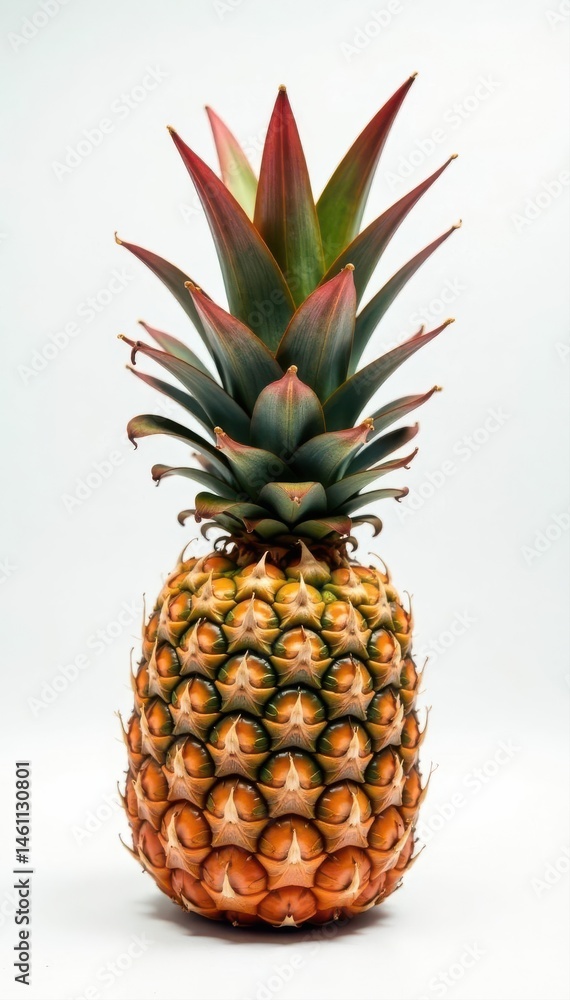 Fototapeta premium Single air pineapple with layered leaves, showcasing red leaf tips against a pristine white backdrop , botanical, tillandsia