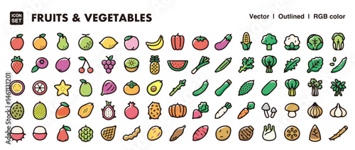 Fruits and vegetables illustration icon set.Simple vector outlines, clipart for graphic design.