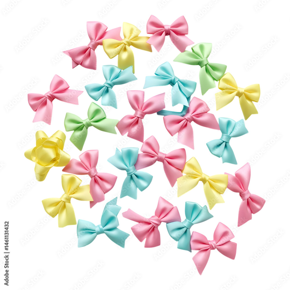 Colorful group of plastic toy bows arranged in a circular pattern on a white background Colorful group of plastic toy bows arranged in a circular pattern on a white background