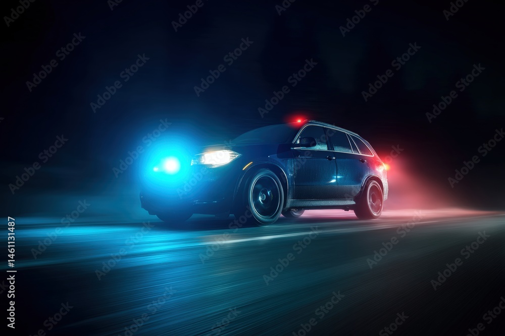 Police car with flashing lights speeding at night. Police car with flashing lights speeding at night.