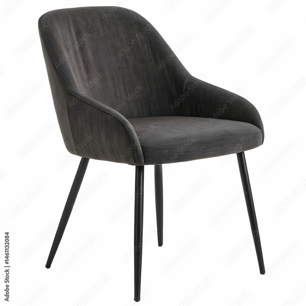 A stylish dark grey fabric chair featuring black metal legs, combining modern elegance with minimalist design, A stylish dark grey fabric chair featuring black metal legs, combining modern elegance with minimalist design,