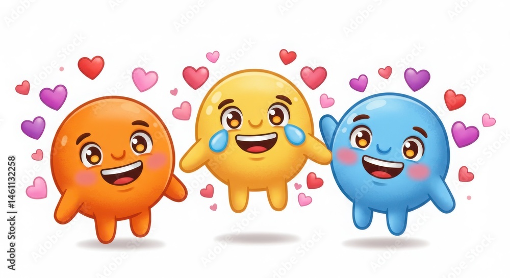 Obraz premium Three cartoon emojis with hearts isolated on white background