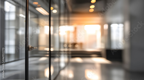 Dynamic office environment with blurred interior and doorway modern workspace tranquil ambiance
