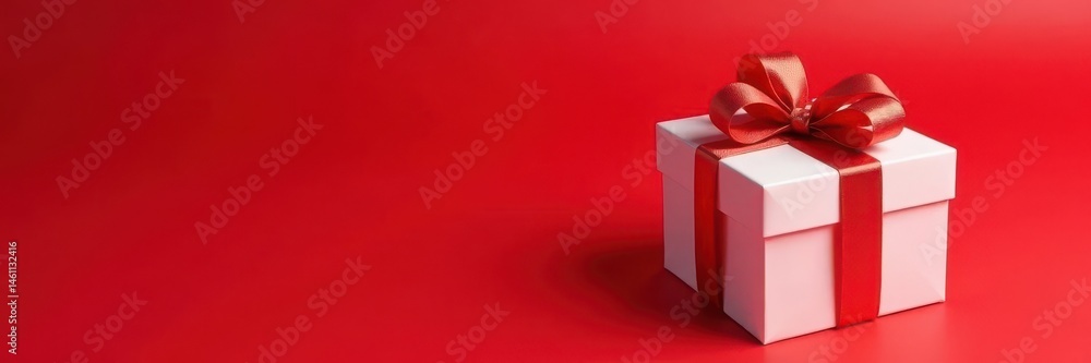 Fototapeta premium White gift box with ribbon, red background, copy space, celebration, surprise