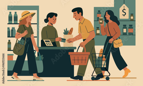 Illustration of shoppers at the supermarket — man with basket, woman with cart, cashier, people with shopping bags. People are buying groceries, paying by card, choosing items from shelves.