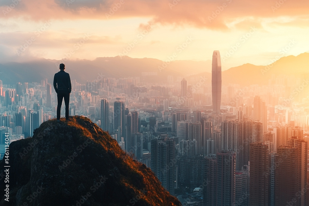 Silhouette contemplating vast urban landscape from mountain peak at sunset