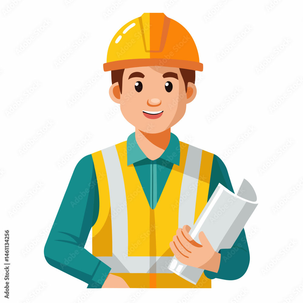 A high-quality vector of a construction worker in helmet and vest holding a blueprint, isolated on a white background A high-quality vector of a construction worker in helmet and vest holding a blueprint, isolated on a white background