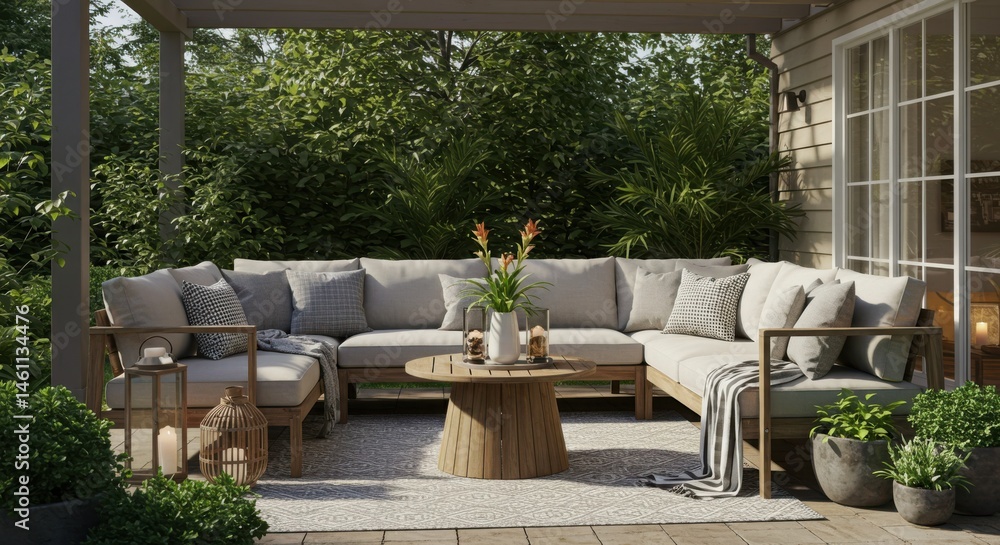 Fototapeta premium Outdoor sectional sofa with a round coffee table and plants