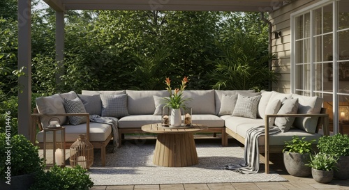 Outdoor sectional sofa with a round coffee table and plants