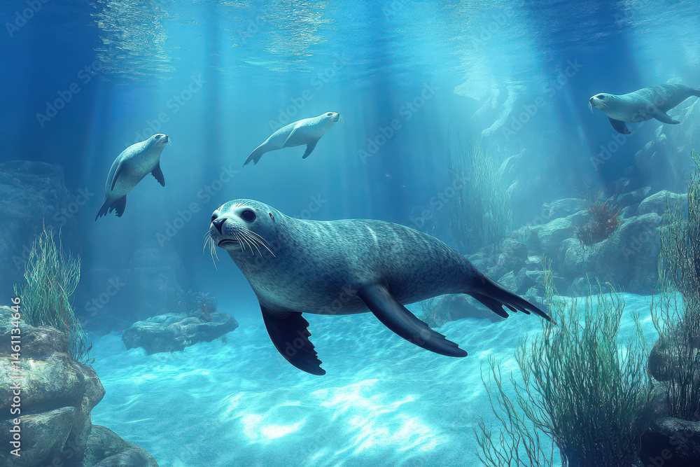 Fototapeta premium seals and sea lions swimming gracefully in their natural underwater habitat.