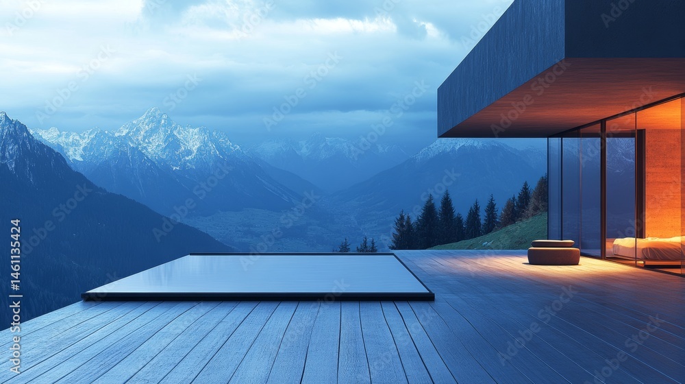 Fototapeta premium Modern Mountain Home with Infinity Pool. Wooden Deck, Stunning Alpine View at Twilight.