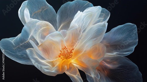 Close-up of a flower with a dark background. the flower is in full bloom, with its petals spread out in a fan-like shape. the petals are a pale white color, with a hint of orange in the center.