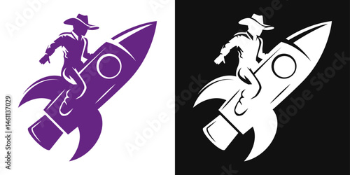 Silhouette space cowboy logo. Rodeo rider on rocket icon. Futuristic western vector symbol.
