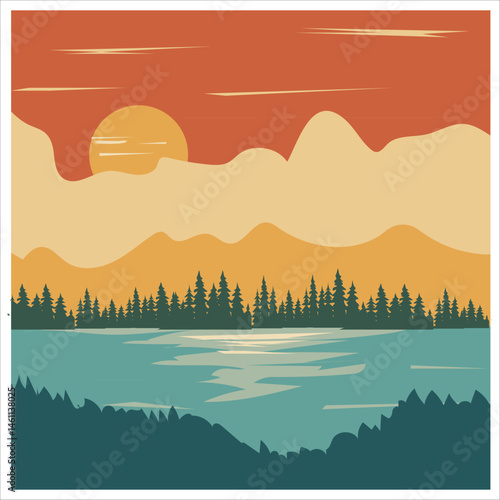 Retro Sunset Landscape with Pine Trees and Lake