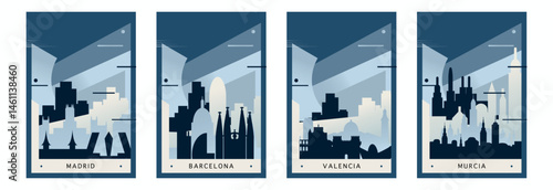 Spain cities brutalism poster pack with skylines, landmarks of Barcelona, Madrid, Valencia, Murcia. Vector illustration set. Travel cover, brochure, flyer, leaflet, images