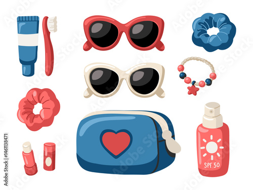 Cartoon vector set of beauty and fashion accessories for summer vacation. Vector isolated illustration on white background.