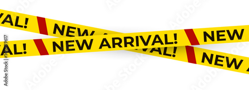New arrival banner with bold exclamation mark on yellow tape and red accents. Eye-catching retail element for sale announcements, store promotions. Vector illustration