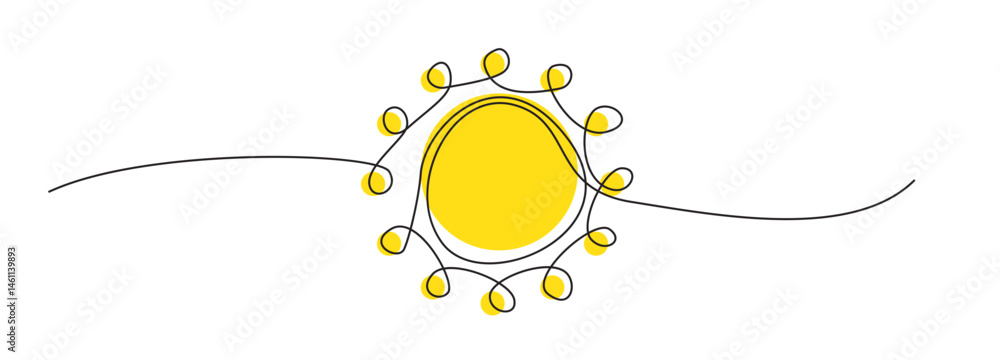 One line sun vector icon. Continuous sunshine outline, sunrise doodle, summer line illustration