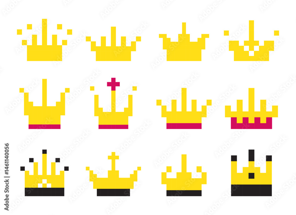 Pixel art crown, 8 bit king icon, retro style queen symbol, minimalist princess tiara mosaic