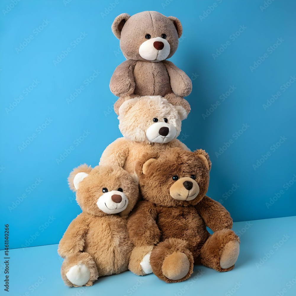 Obraz premium A cheerful stack of soft, plush bear toys arranged neatly against a calming blue background,
