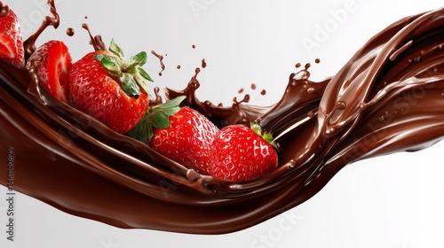Fresh strawberries splashing in rich, melted chocolate creating a delicious scene