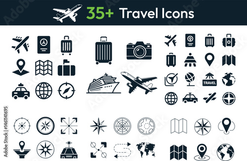 Minimalist Travel Icons – Black and White Tourism and Transportation Symbols for Vacation and UI Design