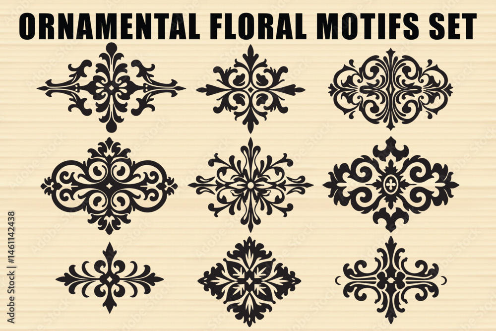 Black Floral Motif Vector Set Black Floral Motif Vector Set