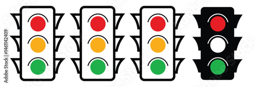Traffic light icon set. Stoplight sign. Collection of traffic light signs. Traffic control light with green, white, yellow and red
