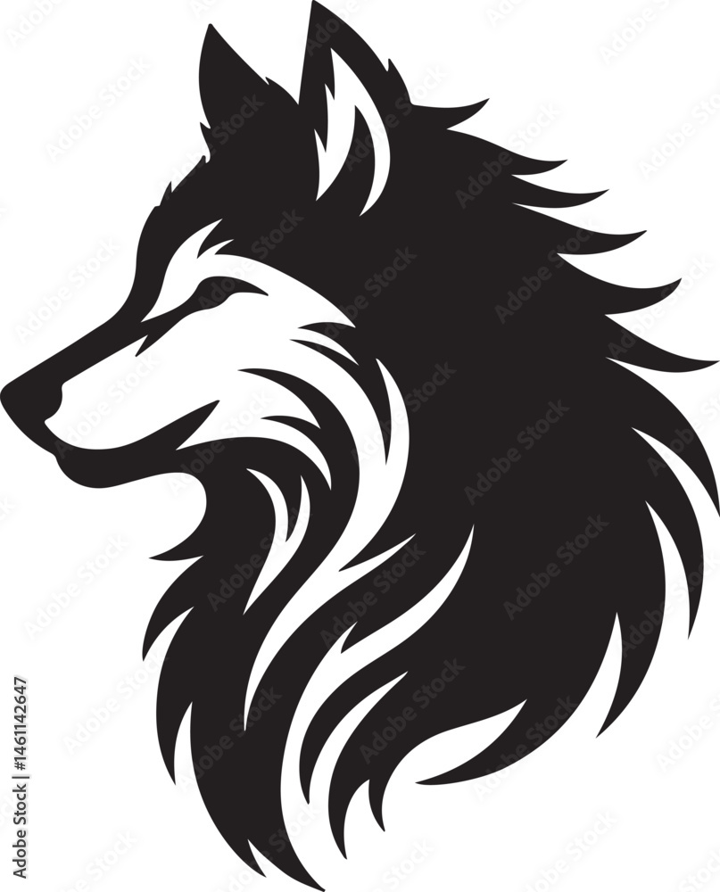 Fototapeta premium Striking black and white vector illustration depicts a wild wolf head, suitable as a tribal tattoo symbol