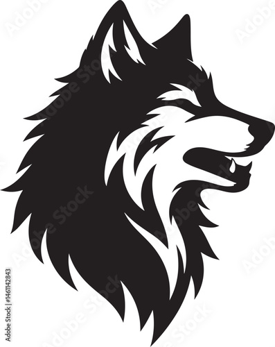 A wild canine head vector illustration depicts a black wolf tattoo symbol