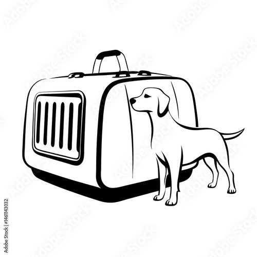 Dog travel carrier with puppy next to it in black outline, pet transportation