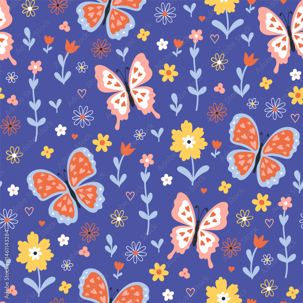 Seamless pattern with butterflies and flowers on a blue background. Vector graphics Seamless pattern with butterflies and flowers on a blue background. Vector graphics